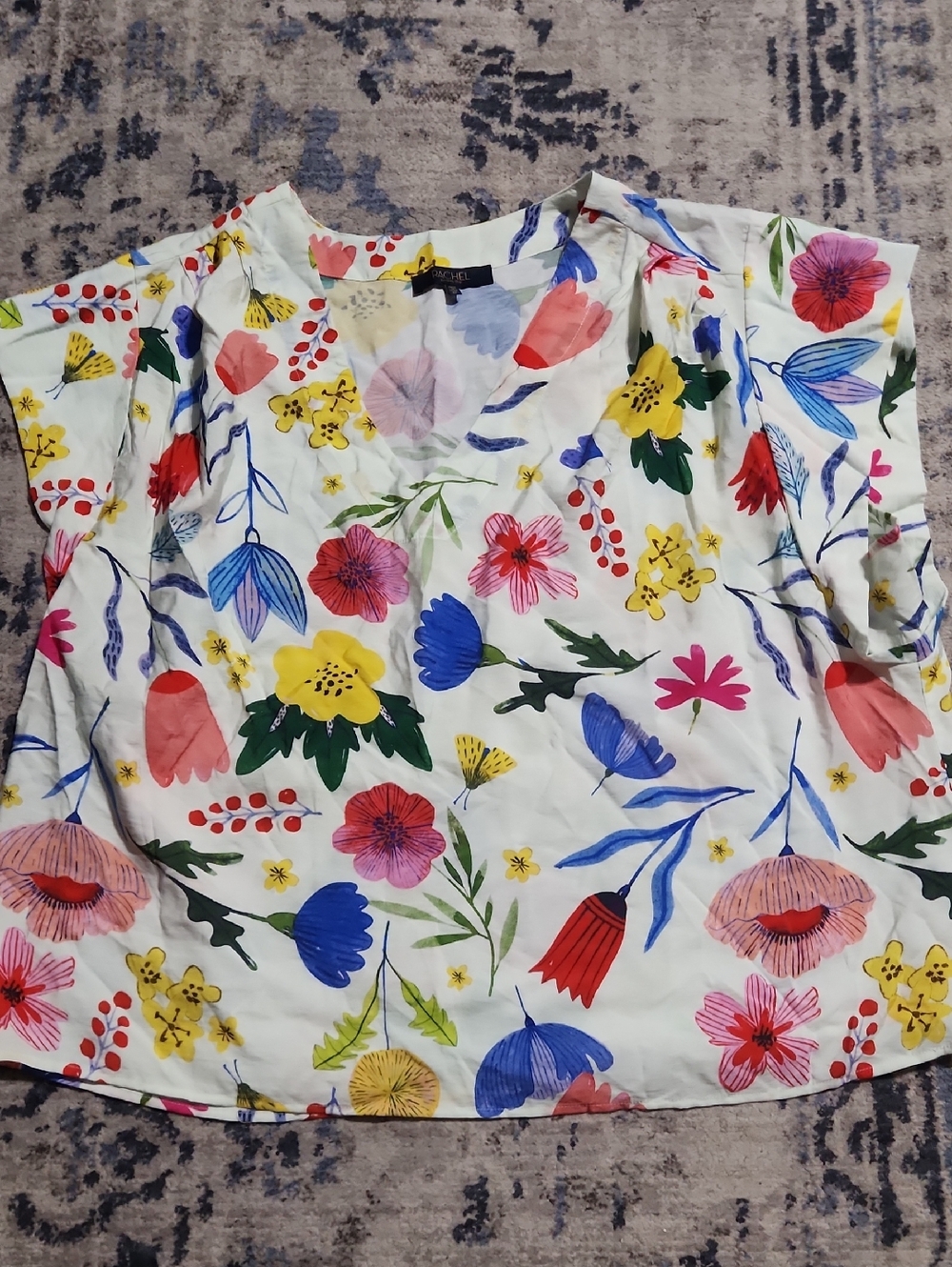 💘 RACHEL Rachel Roy White Floral Short-Sleeve Blouse with Multicolor Print